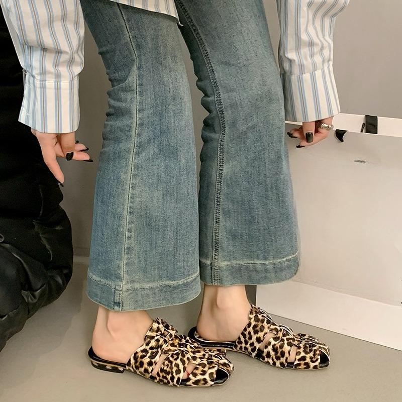 Spring and Summer New Cutout Woven Baotou Half Slippers Women's Square Toe Cutout Versatile Low Heel Outside Sandals