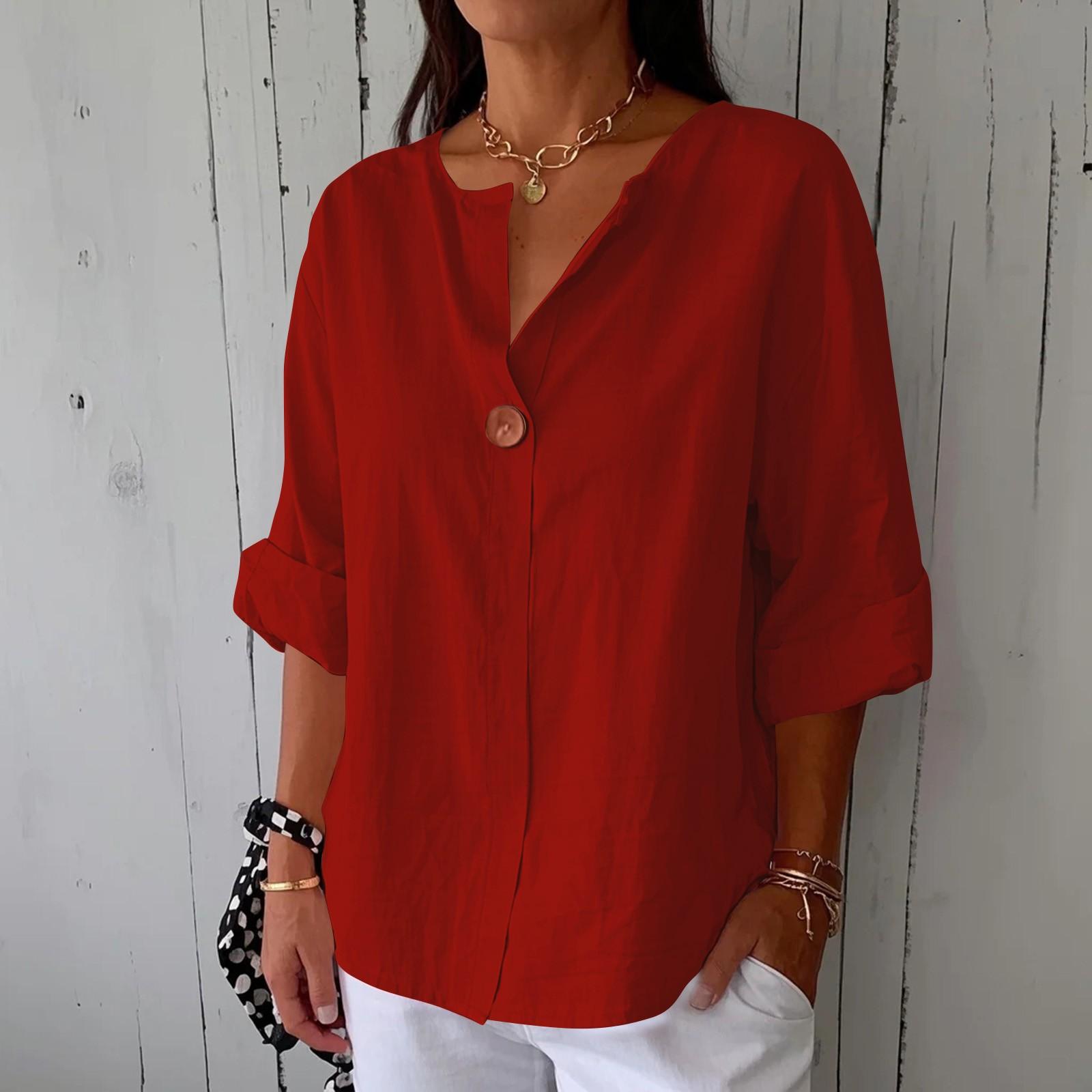 

Женская модная повседневная блузка с V-образным вырезом на пуговицах и рукавом семь четвертей, однотонная, из хлопка и льна XL винный