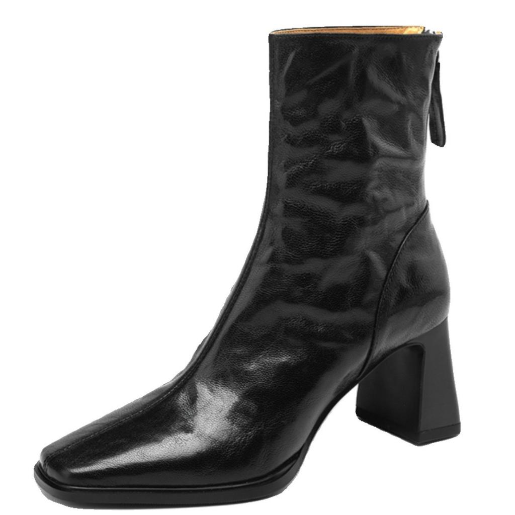 Retro Hand-scratched Square Head Thick Heel Fashion Short Boots Women's 2024 Autumn and Winter Soft Leather High-heeled Martin Boots Versatile Fashion