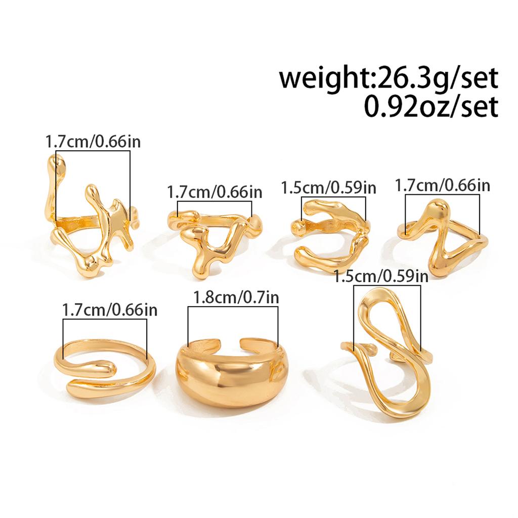 Salircon 7Pcs/Set Trendy Unique Irregular Smooth Ring Women Punk Geometric Gold Color Lava Open Ring Couple Wed Accessories Gift