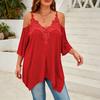 Women Blouse V-Neck 3/4 Sleeves Off Shoulder Straps Pullover Tops Asymmetric Lace Splicing Pure Color Mid-length Summer Tops