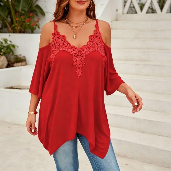 Women Blouse V-Neck 3/4 Sleeves Off Shoulder Straps Pullover Tops Asymmetric Lace Splicing Pure Color Mid-length Summer Tops
