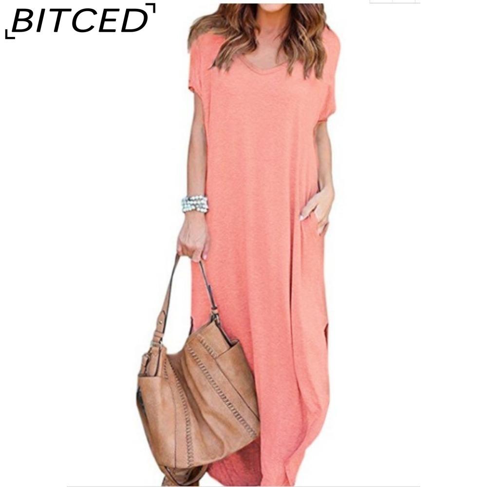 

BITCED Сексуальное женское платье размера плюс 5XL, летнее однотонное повседневное платье макси с коротким рукавом для женщин, длинное платье, женские платья M розовый