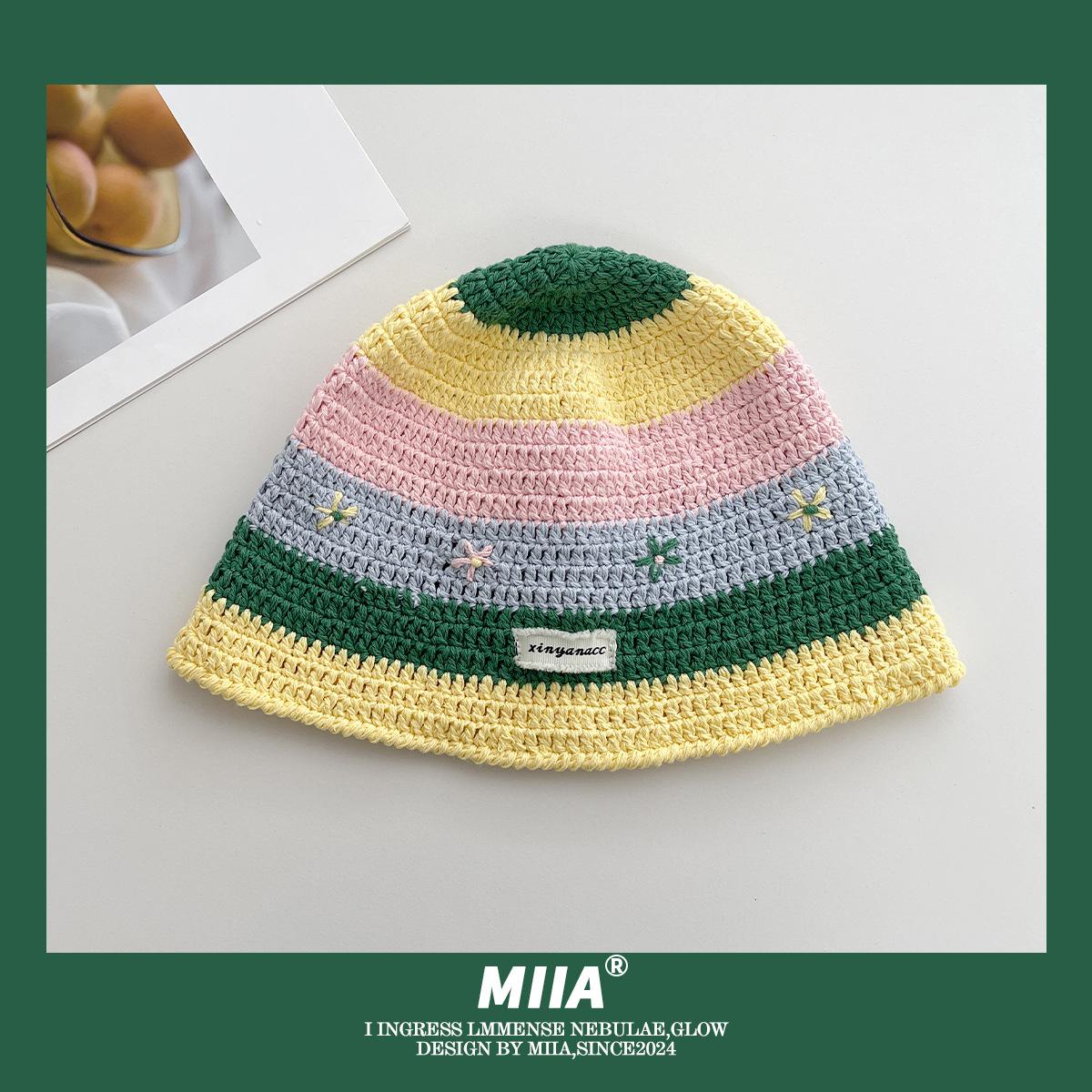 

Japanese-style niche design handmade woolen hat with floral contrasting stripes, crochet hollow fisherman hat, lightweight sun hat M（56-58cm）