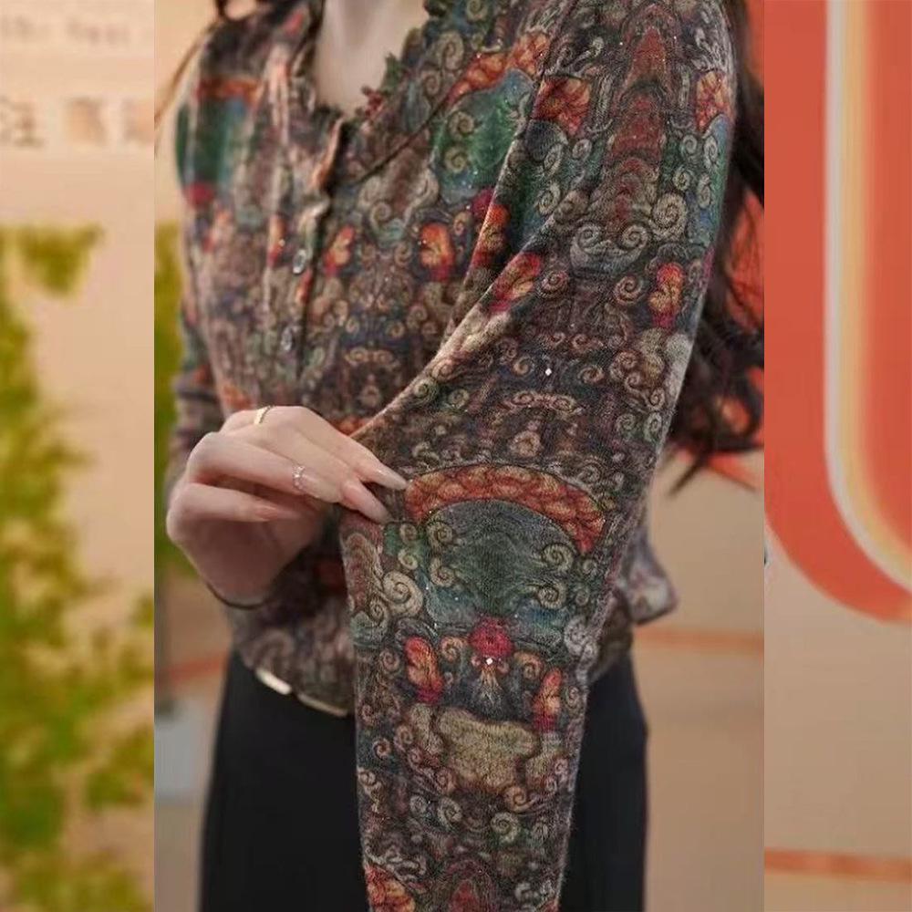 Plus Size Floral Print Long Sleeve Top for Middle-Aged & Elderly Women