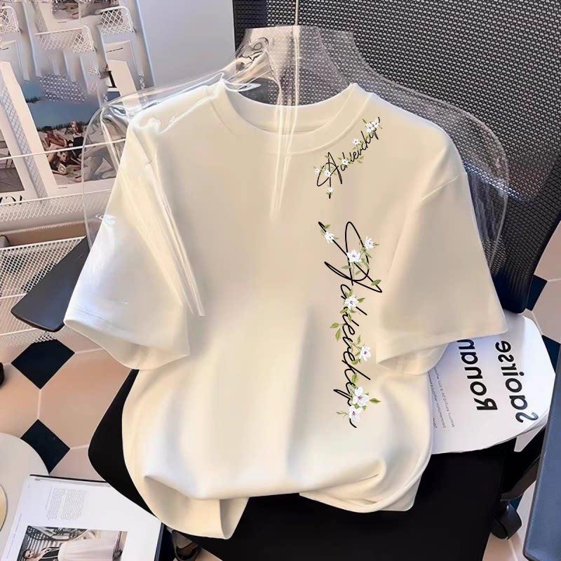 Letter Flower Pure Cotton Printed Men's and Women's Fashionable Short Sleeved Summer New Personalized Round Neck Casual T-shirt