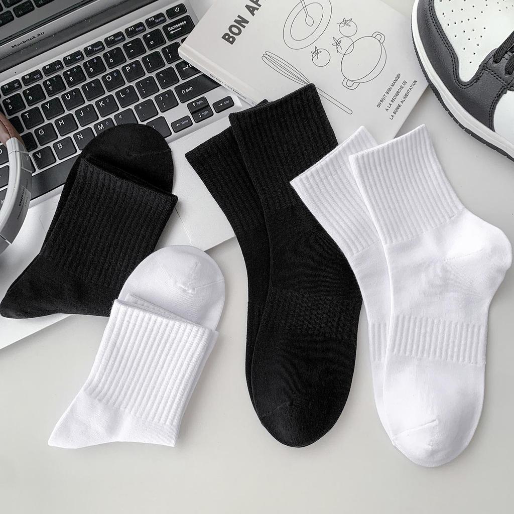 Women's Classic Black & White Non-Slip Cotton Mid-Calf Socks - Breathable & Elastic