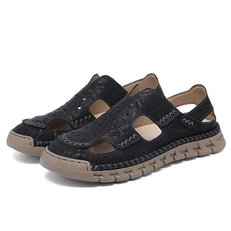 Sommer Neuankömmling Handgefertigte Leder Outdoor Herren Sandalen Atmungsaktiv Slip-On Freizeitschuhe Runde Zehenpartie Gummi-Außensohle Sandalen
