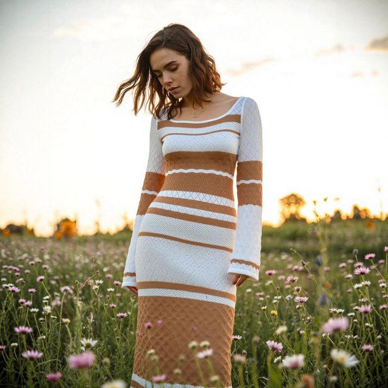 European and American New Fashion Casual Slim Fit Knitted Stripes Long Sleeve Dress Knitted Striped Dress