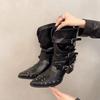 Fashion Vintage Rivet Hottie Woman Knight Boots Shoes Autumn Ladies Elegant Pointed Toe Thick Heel Western Cowboy