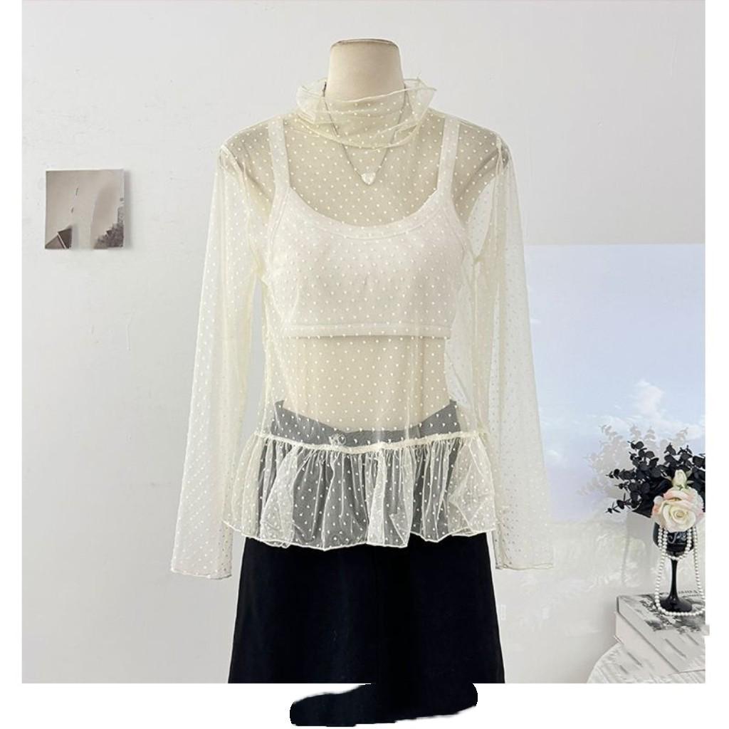 Korean Aesthetic High Neck Polka Dot Lace Ruffle Top