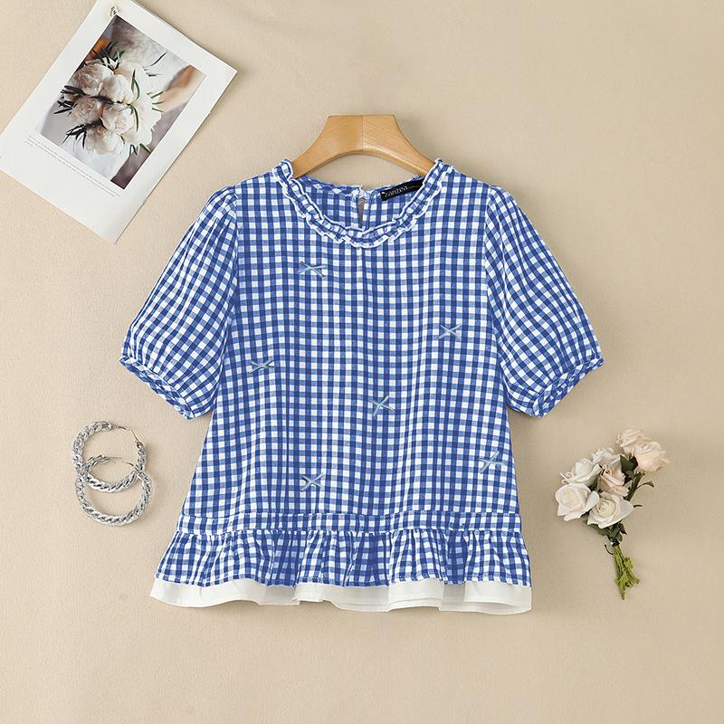 ZANZEA Dames Casual Blouse met Ruitjesprint, Ronde Hals en Korte Mouwen