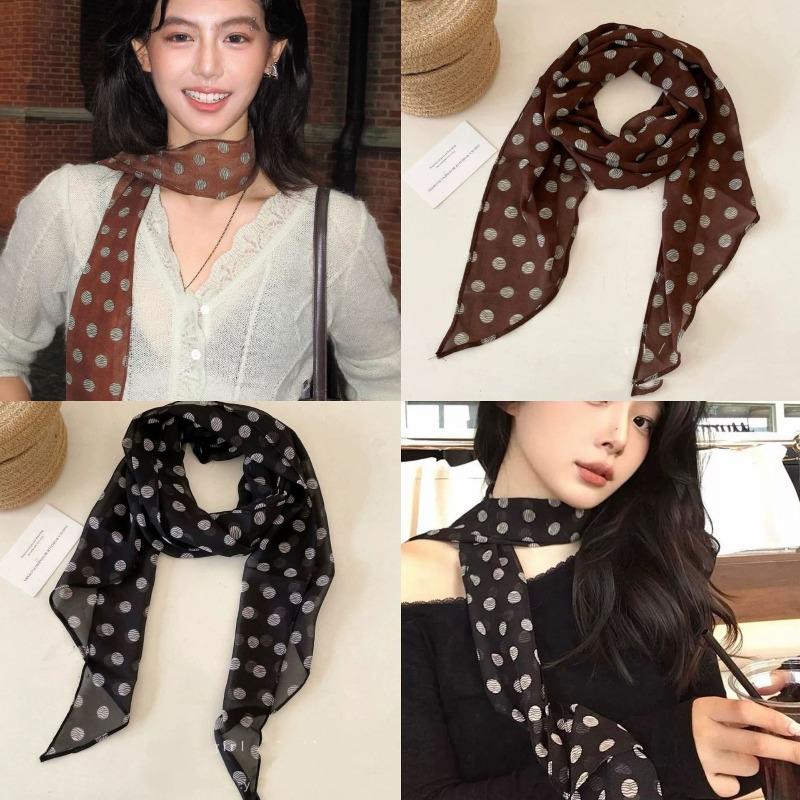 French Brown Polka Dot Long Scarf for Women's Fashion Accessories, Neck Accessories, Headband, Long Ribbon