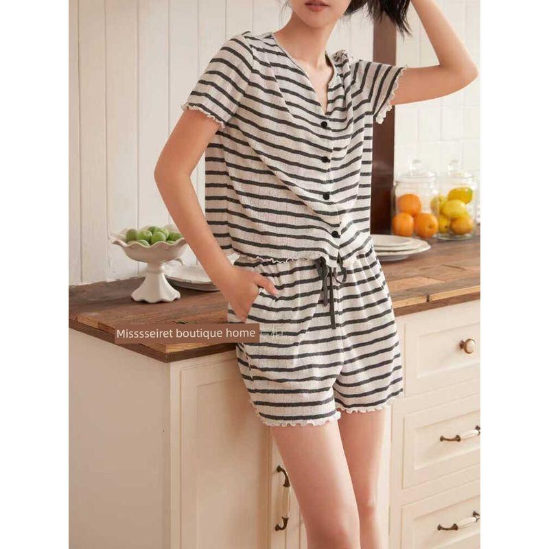 Italy Accessible Luxury ~ Aibo Jie Black and White Stripes Cardigan V Neck Pajamas Suit Women's Short Sleeve Shorts Summer Homewear
