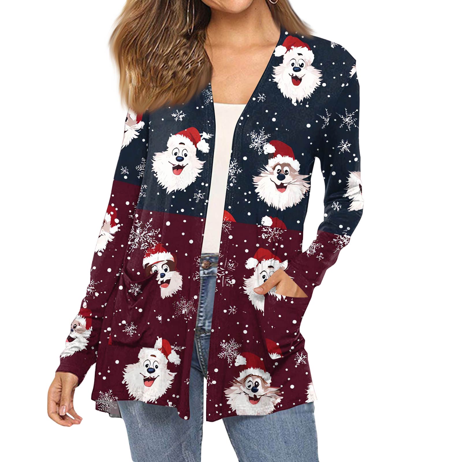 

Женский модный кардиган-пальто с длинным рукавом, карманами, приталенного силуэта и рождественским принтом L