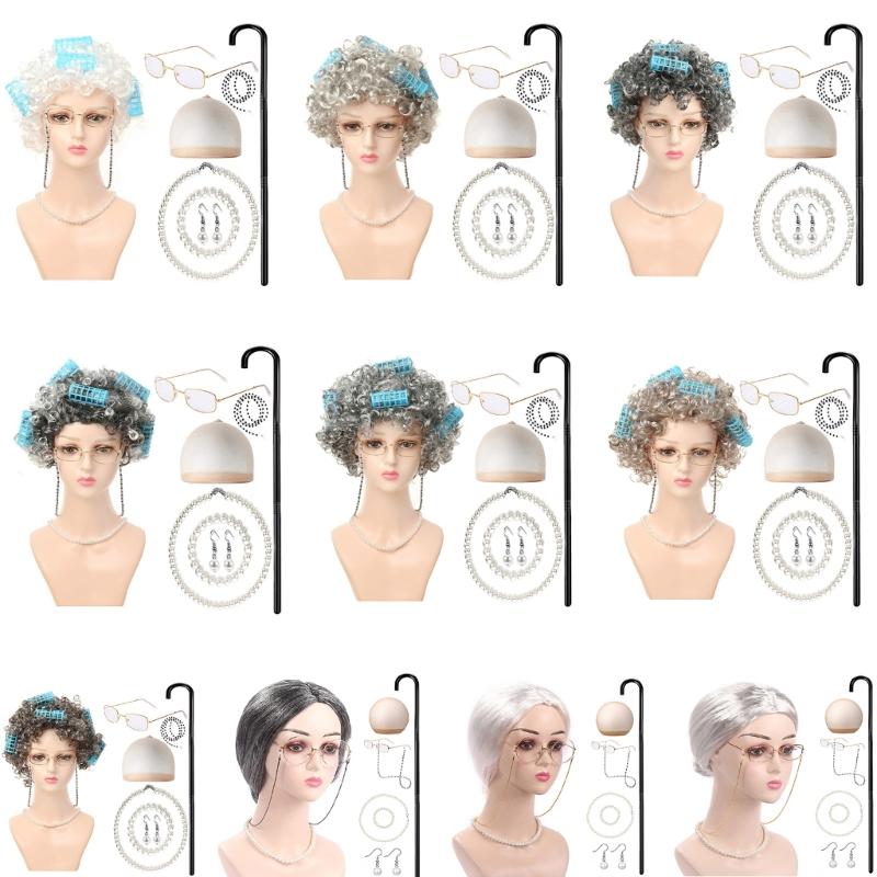 100 Schultage Kostümset alte Dame Halloween Oma Kostümset Perücke Oma Brille Halskette Ohrringe für Mädchen Kinder