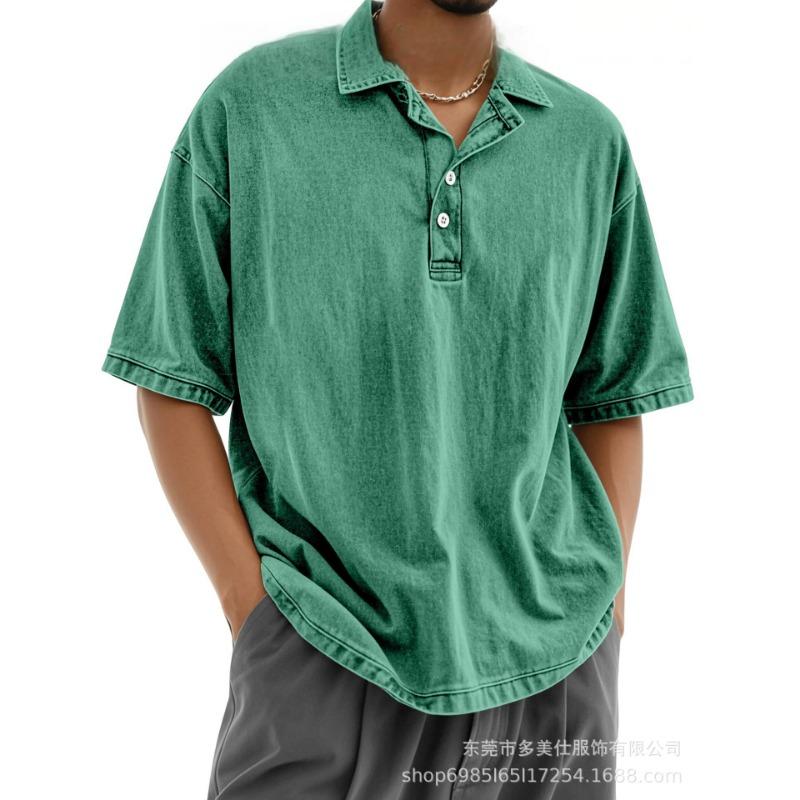 Mens Casual Washed Solid Color Drop Shoulder Short Sleeve Polo Shirt
