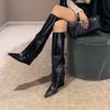 European and American pointed-toed wedge-heeled straight boots women's 2025 autumn new leather boots slim tall knight boots long boots