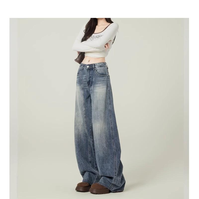 Women's High Waist Wide Leg Jeans Vintage Blue Washed Denim Pants American Streetwear Loose Draped Baggy Long Trousers