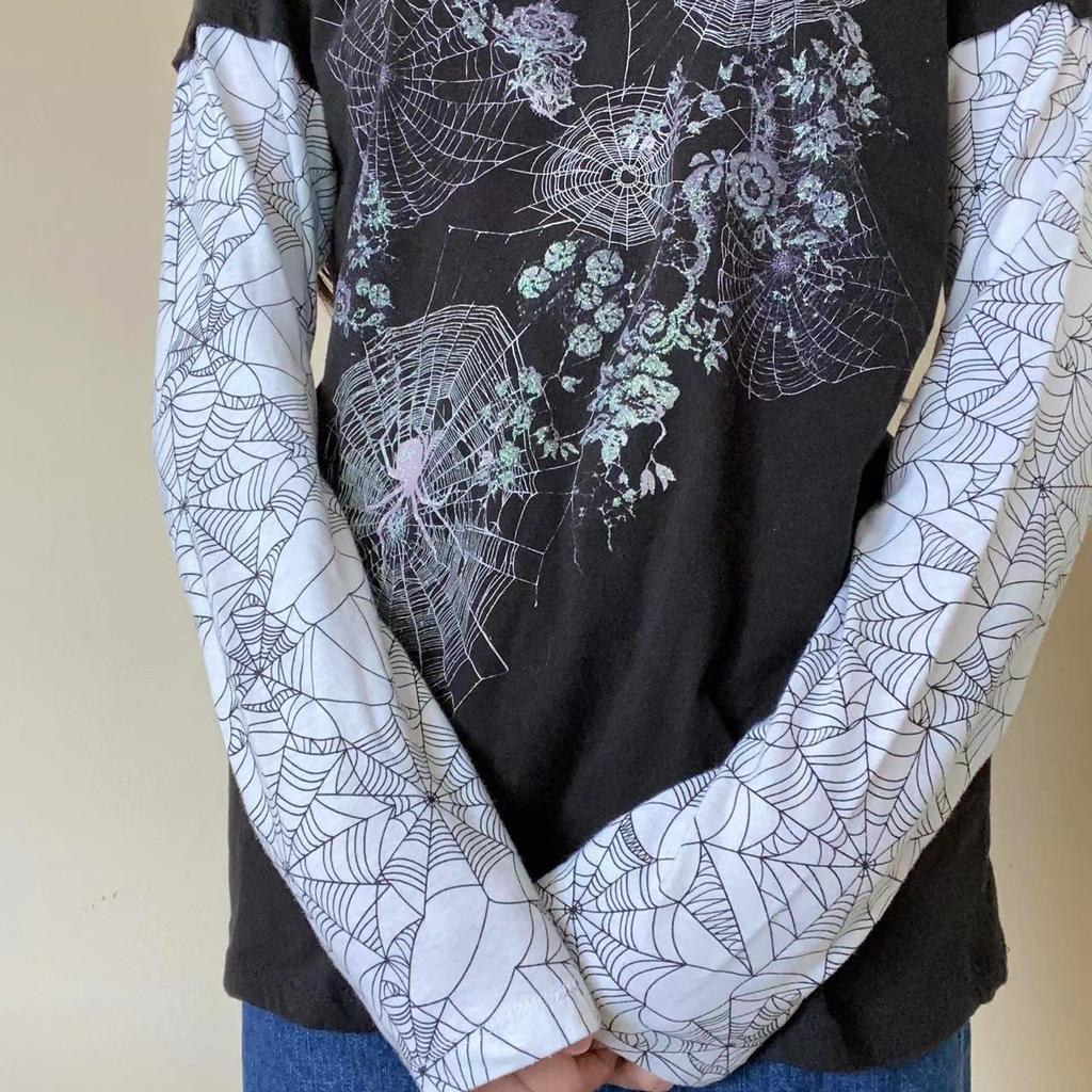 ZYLLO Vintage Graphic Print Pullovers Tops Halloween Clothes 2000s Skull Grunge Layered Sleeve Tee Y2K Aesthetic Emo Mall Goth T-shirt