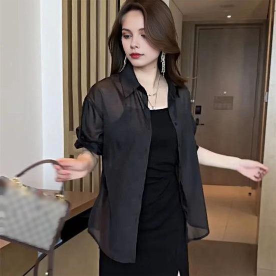Women Sun Protection Shirt Lapel Long Sleeve Back Lace-up Chiffon Tops Solid Color Single Breasted