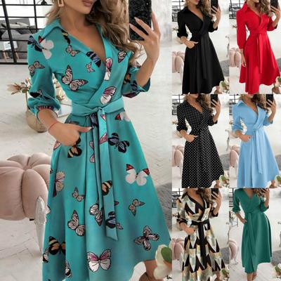 Women Dress Long Sleeve Large Hem Deep V Neck Solid Color Printed Belt Dress Streetwear for Spring/Summer