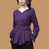 Design Sense Waist Shirt Ladies Spring Long-sleeved Blouse Irregular Temperament Blouse V-neck Blouse Spring and Summer
