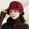 Plaid Bow Basin Hat Women's Autumn and Winter Retro Curled Top Hat Middle-aged Mother Elegant Short Brim Warm Bucket Hat