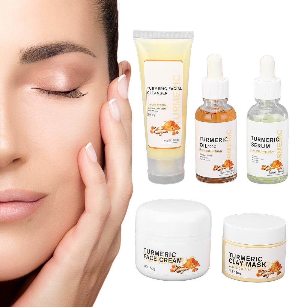 5pcs Turmeric Skin Care Set Face Wash Serum Hydrating Skin Oil Face Cream Clay Mask for All Skin Types