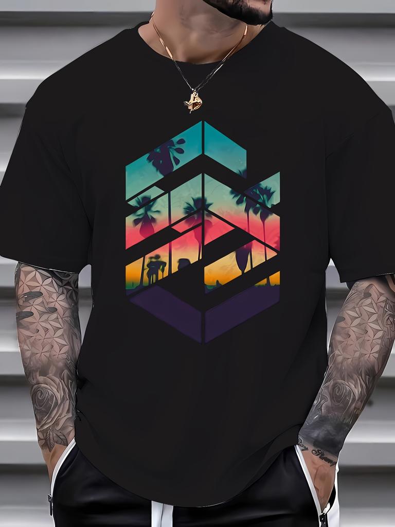 Men's Summer Coconut Tree Printed 100% Cotton Casual Holiday Short Sleeve Outdoor Soft Breathable T-shirt Large