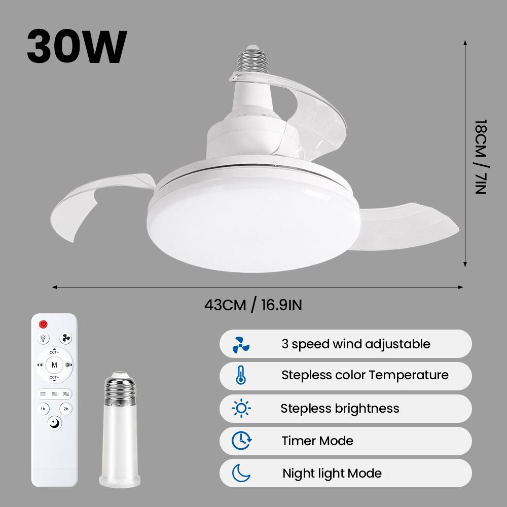 LED Ceiling Fan Light With Remote 30W E27 Retractable Blades Fans With Light 3 Speed Ceiling Fan For Bedroom Indoor Decor