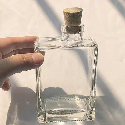 

280ML Square Shaped Juice Glass Bottle Barware Whiskey Decanter Alcohol Perfume Wooden Cork Ransparent Set Espresso Cups 201-300ml