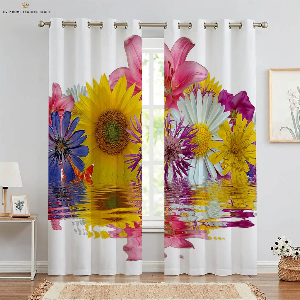 2pcs Butterfly 3D Stereo Flower Printing Curtain Rod Pocket Bedroom Living Room Kitchen Decorative Curtain Easy To Wash and Care