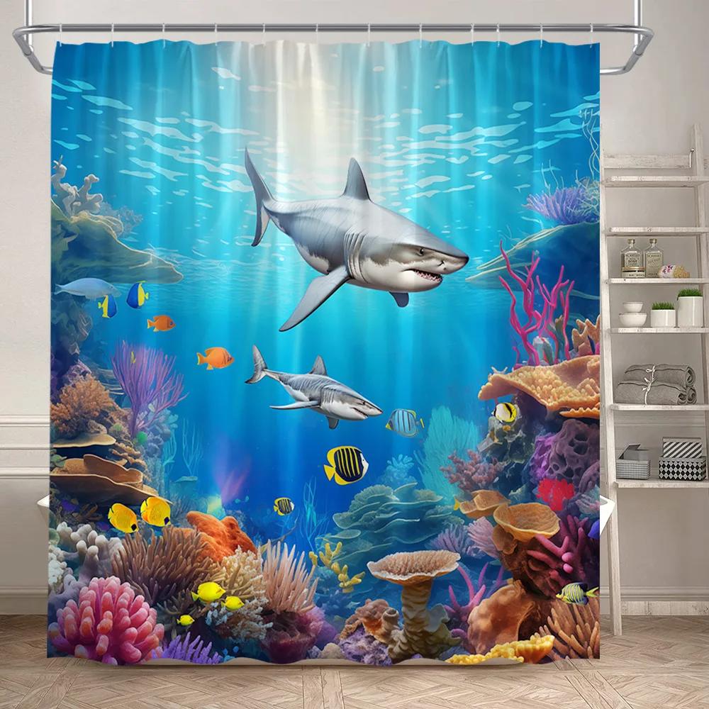 VIKAMA Underwater World Theme Shower Curtain - Waterproof and Mold-Resistant Bathroom Partition Curtain for Home Decoration