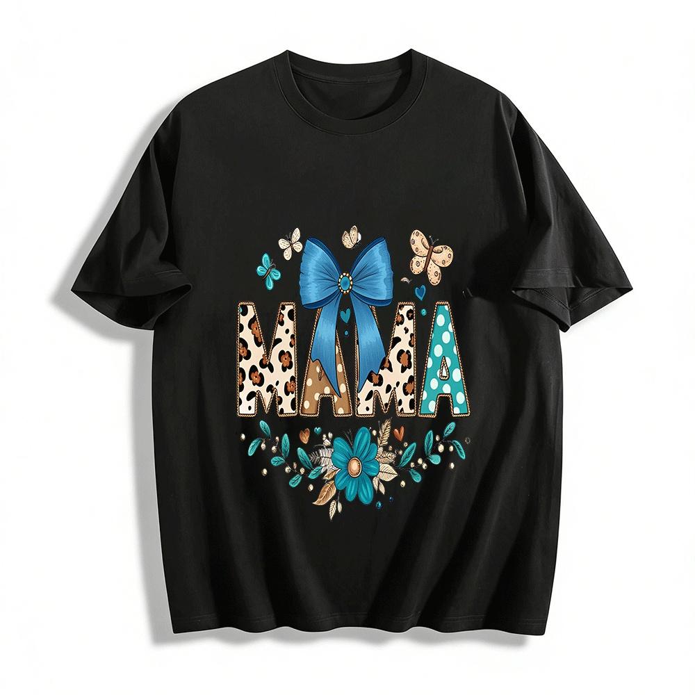 Vintage Leopard Dot MAMA Print Bow Decor Casual Short Sleeve Top Pure cotton T-shirt XXS