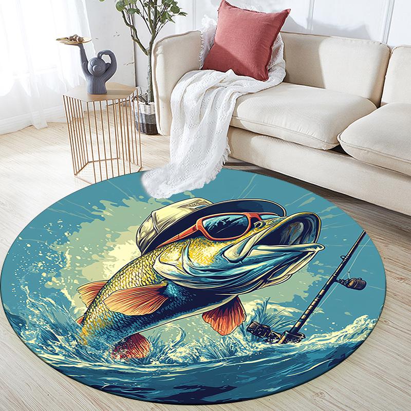 Bass Fish Round Area Rug,Carpet Rug for Living Room Bedroom Sofa Playroom Decor,Non-slip Floor Mat