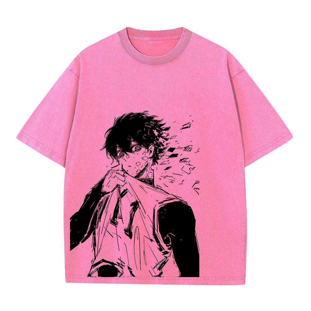 Anime Blue Lock Wash Tshirts Men Vintage Washed T Shirt Harajuku Oversize Cotton Tee Cotton Fashion Streetwear  Top