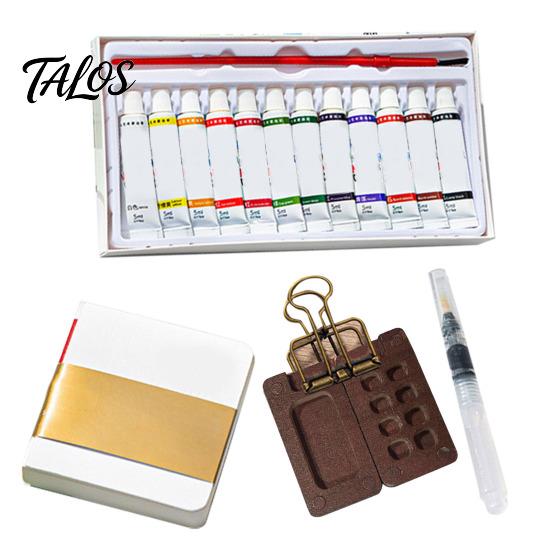 Mini Watercolor Sketchbook Paint Box Pocket Artist Travel Set 8/15-Color Metal Binder Clip Palette Walnut Wood Portable Pen