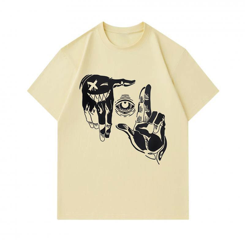 Men's 100% Cotton Short Sleeve O-Neck T-shirt, Creative Hand Gesture One Eye Weird Art Print Casual Comfortable Lightweight Daily Wear Graphic Tee for