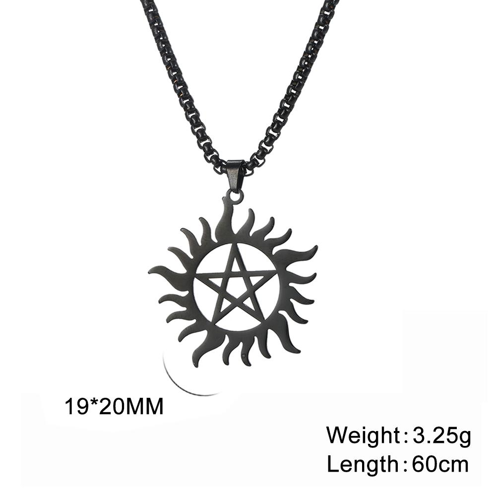 Cazador Sun Wheel Pentagram Charm Necklace for Women Men Supernatural Dean Amulet Sweater Chain Stainless Steel Collars Couple