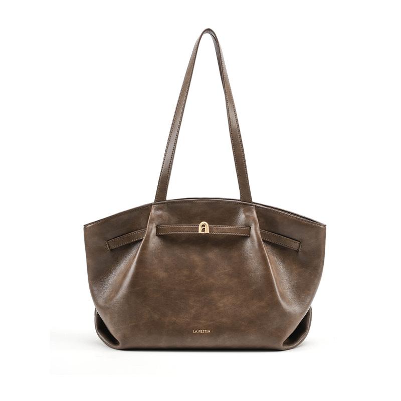 New LA FESTIN Top Grain Cow Leather Handbag, Shoulder Bag, Underarm Tote Large Women's Cardamom Brown/Coconut/Raven Black 622381