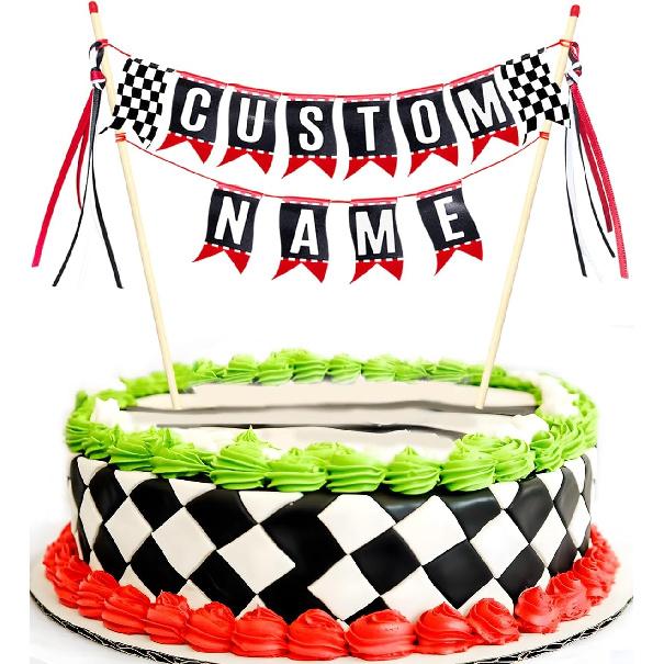 Race Car Cake Topper,  Name Race Car Birthday Cake Decorations, Race Car Party Decorations Checkered Flag Cake Banner(Black)