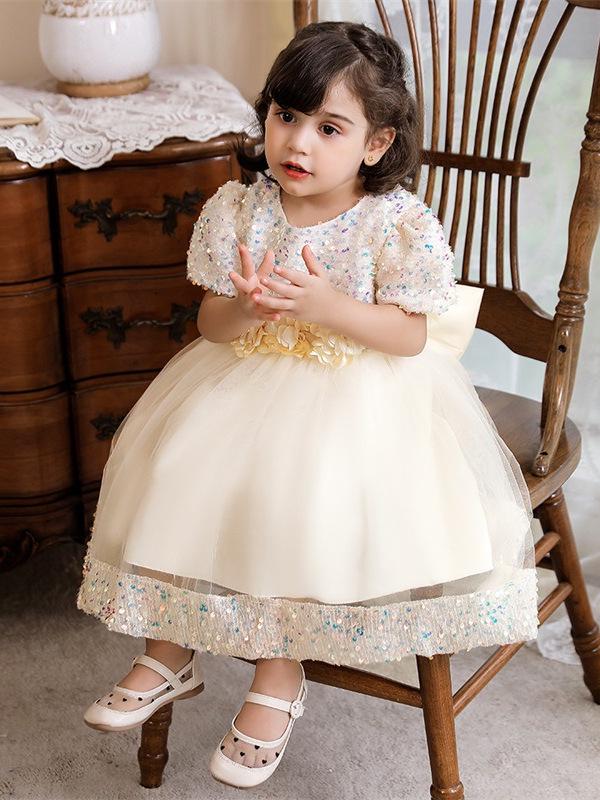 Mädchen Kurzarm Pailletten Puffrock Prinzessinnenkleid - Kinder Festkleidung