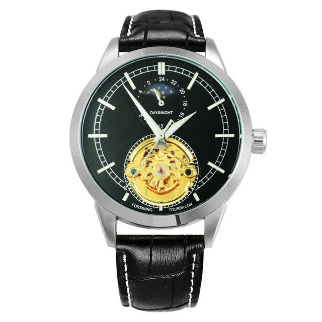 Forsining Men's Fashion Casual Hollow Moon Phase Carved Hollow Automatic Mechanical Watch GMT1177-2-A