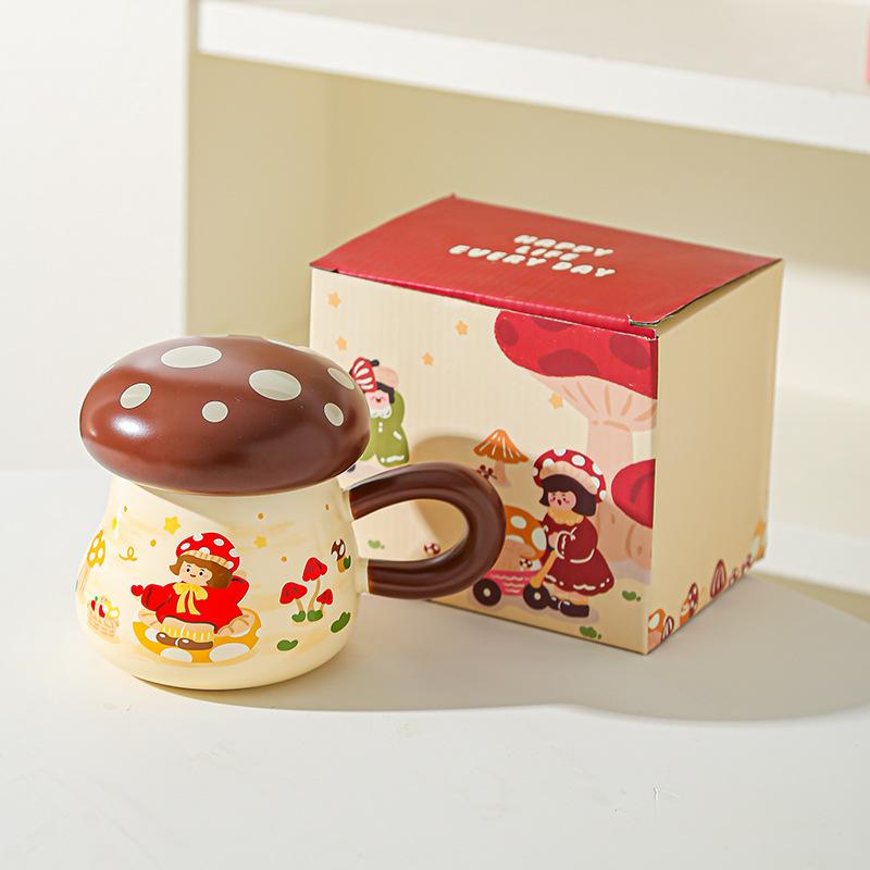 Hrnček Houbičková dívka Vysoce hodnotný suvenýrový dárek Roztomilý kreslený keramický hrnek s víčkem Velkokapacitní hrnek na pití