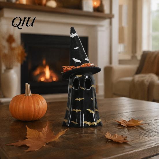 Resin Ghost Figurines Light Up Halloween Decoration, Cute Spooky Witch Hat Figurine, Festive Holiday Party Decor LED Lighted Statue for Mantel, Shelf,