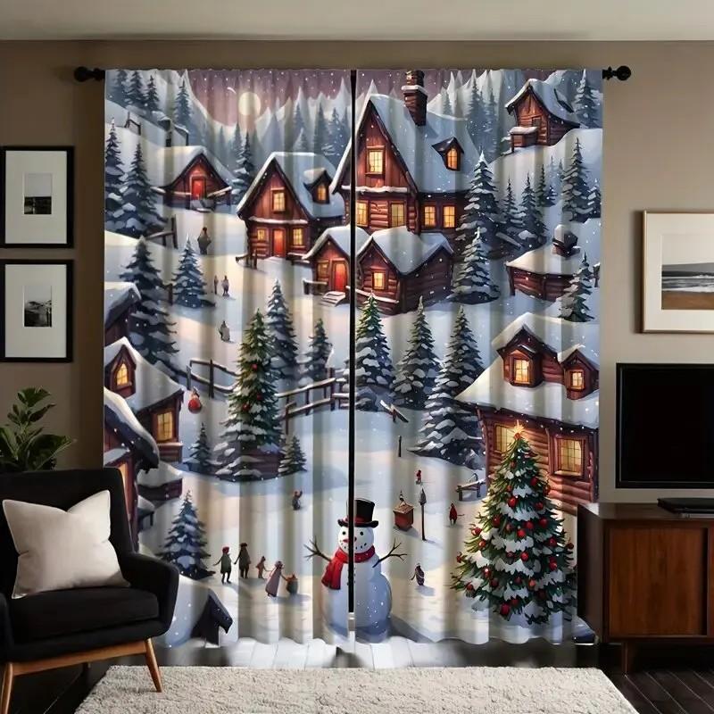 Set aus 2 rustikalen malerischen Winterdorf-Vorhängen für Weihnachtsfenster Heimdekoration Vorhang mit Stangentasche Polyester