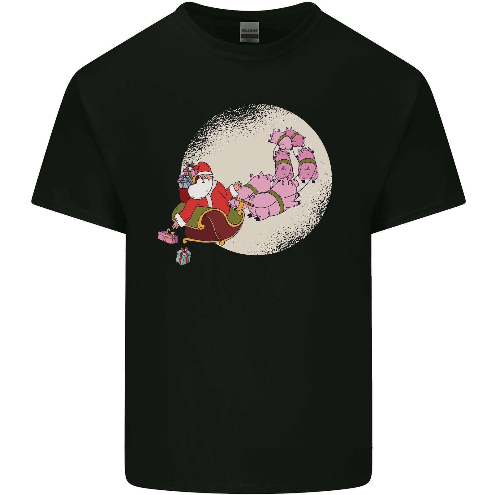 Santa Sleigh Pulled by Christmas Pigs Funny Xmas Mens Light Cotton T-Shirt 2XL