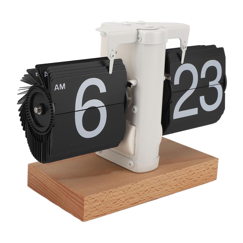 Flip Desk Clock Auto Mechanical Flip 12H AM PM Wood Base Battery Powered Vintage Retro Digital
