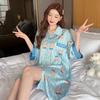 Summer Stain Nightdress for Women Short Sleeve Cute Cartoon Nightgowns & Sleepshirts Women Blue Sleepwear Shirt Buttons Outwear Pjs Loose Homewear